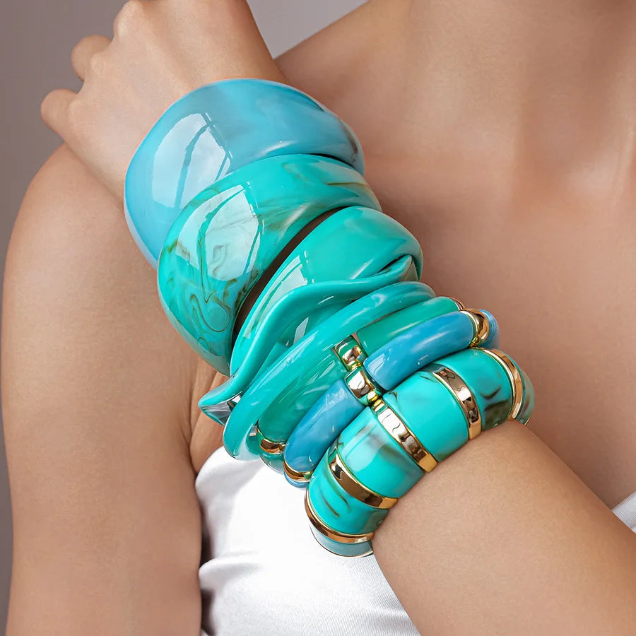 KMVEXO Vintage Turquoise Blue Geometric Resin Bangle Women Irregular Wide Bracelet Ladies Bohemian Beach Acrylic Bangles Jewelry