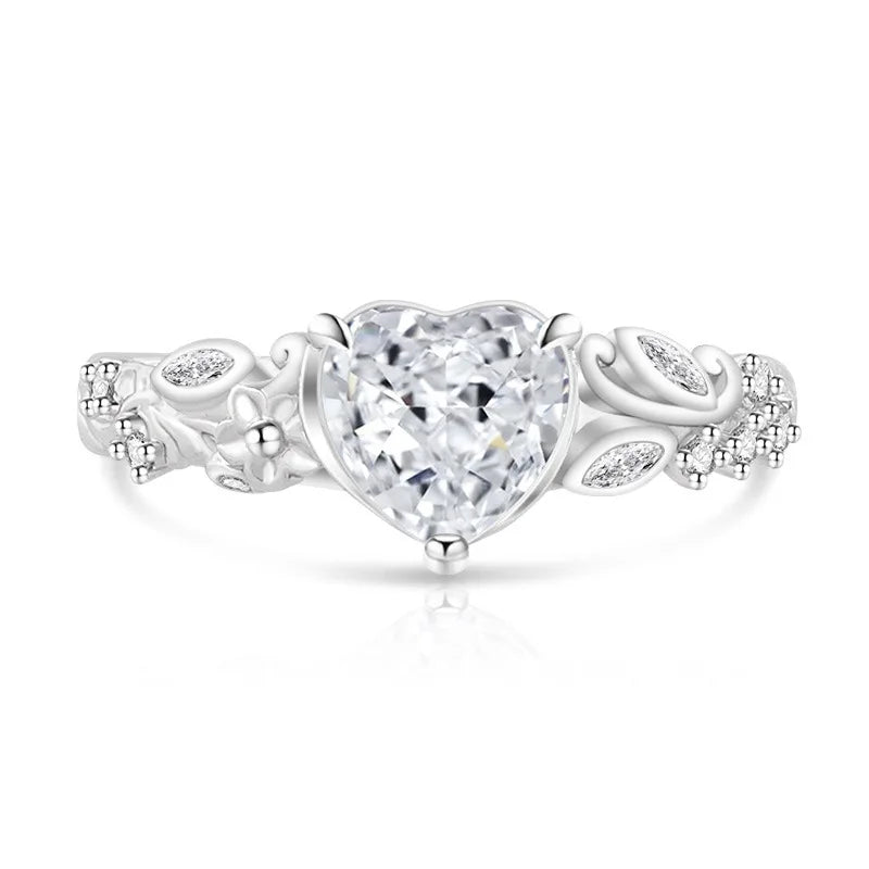 925 Sterling Silver Heart Ice Flower Cut Solitaire Ring, Antique Floral Band with Marquise Side Zircon, Ladies Party Jewelry