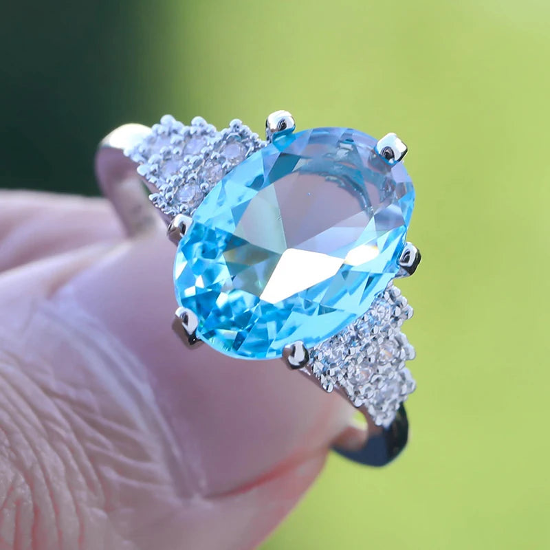 Fashion Silver Plated Oval Water Blue Glass Filled Rings Engagement Ring for Women Accessories Female Wedding Jewelry Gift