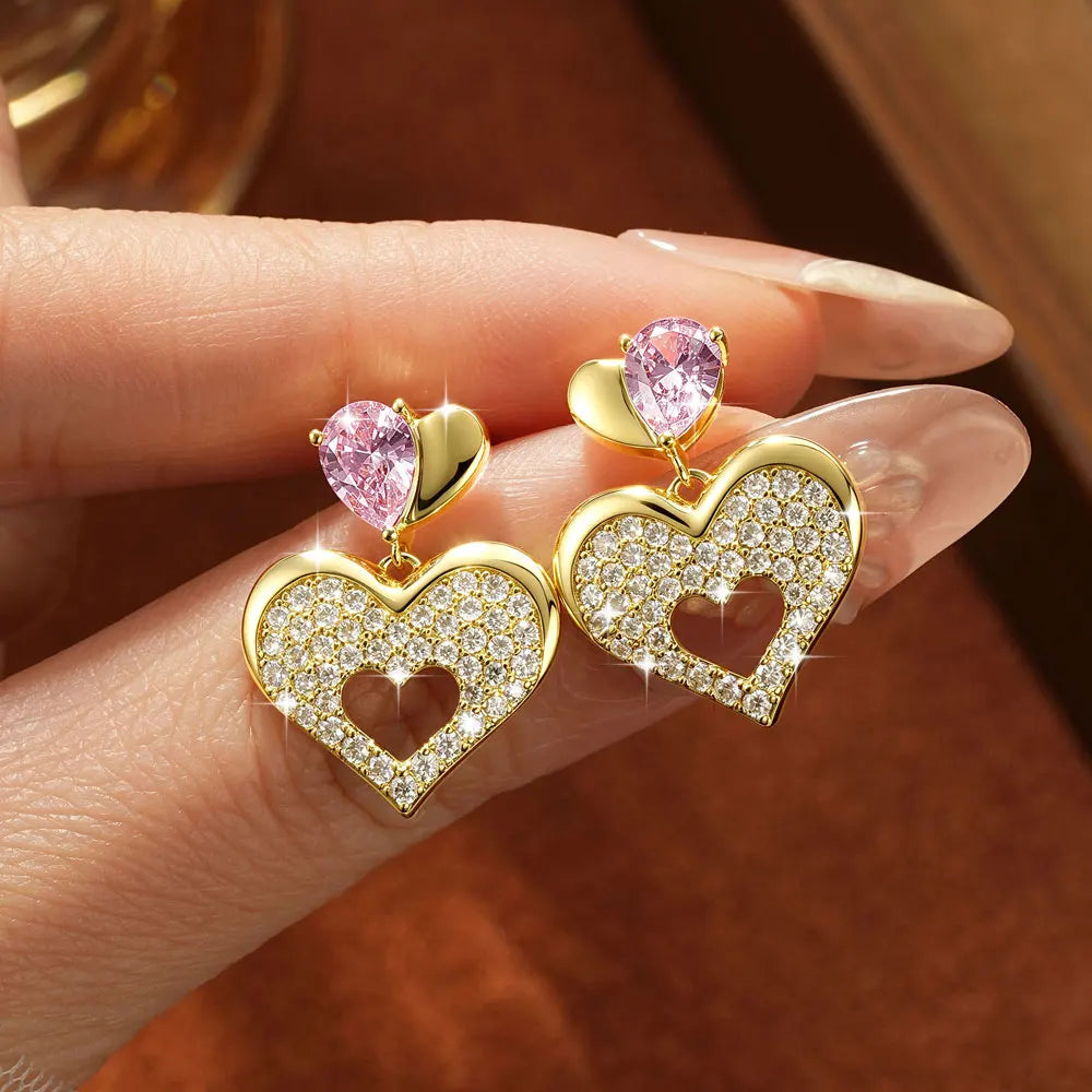 OXTAO Pink Heart-shaped Drop Earrings Sweet Moissanite &CZ Lab Imitation Diamond 14K Gold Filled  for Women Luxury Jewelry
