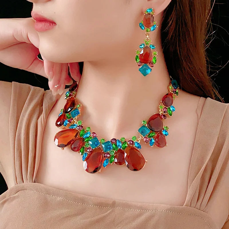 1/2 Pcs Luxury Shiny Rhinestone Choker Necklaces Earrings Set Women Vintage Geometric Bridal Weddings Jewelry Set Banquet N