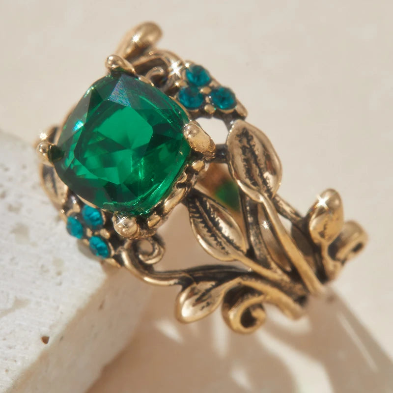 1PC Gold Color Leaf Design Ring for Women with Square Green Cubic Zirconia Aesthetic Female Wedding Party Trendy Jewelry