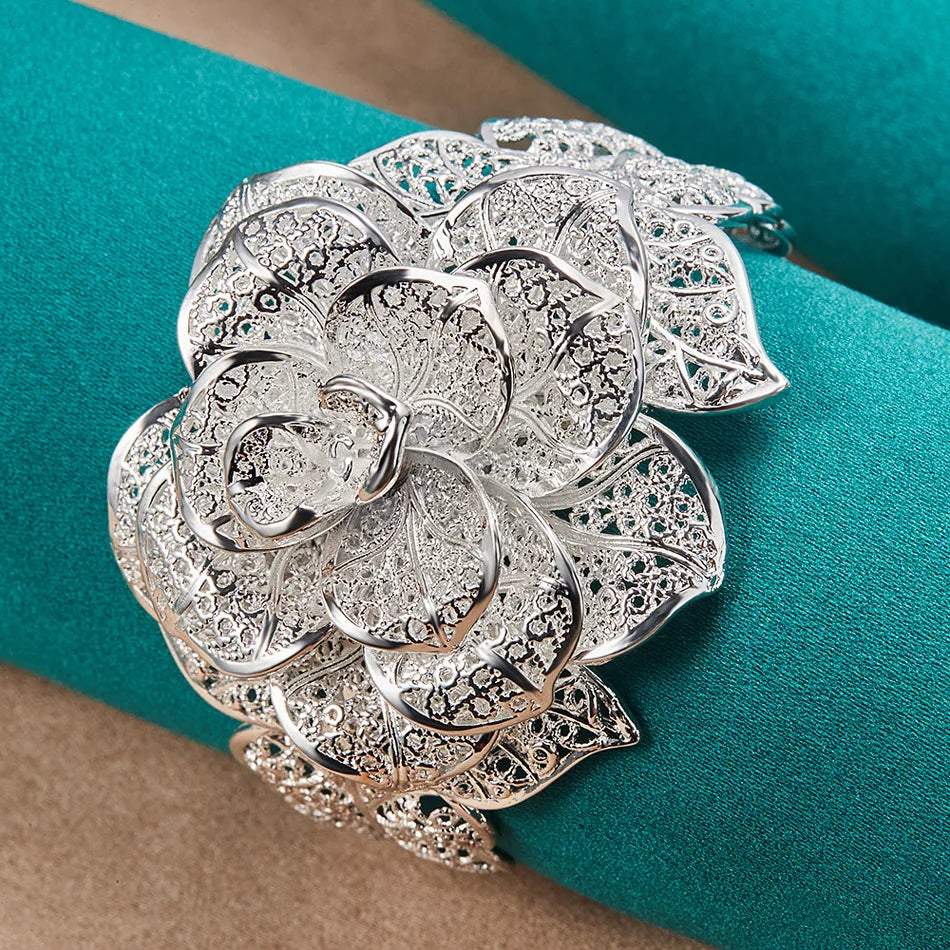 URMYLADY 925 Sterling Silver Big Flower Adjustable Ring Bangle Bracelets Jewelry Sets For Women Wedding Party Fashion Charm Gift