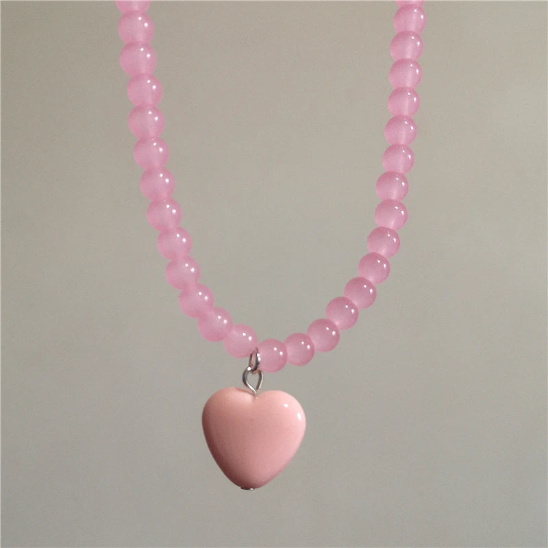 2026 Trendy Aesthetic Resin Candy Color Heart Pendant Glass Beaded Choker Charm Necklace For Women Girl Y2K Jewelry Accessories
