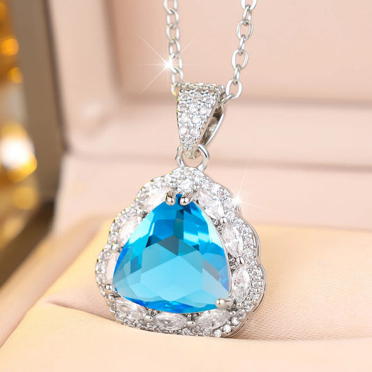Small Geometric Charm Female Blue Pink Yellow White Zircon Stone Pendant Necklace Vintage Silver Color Wedding Jewelry For Women
