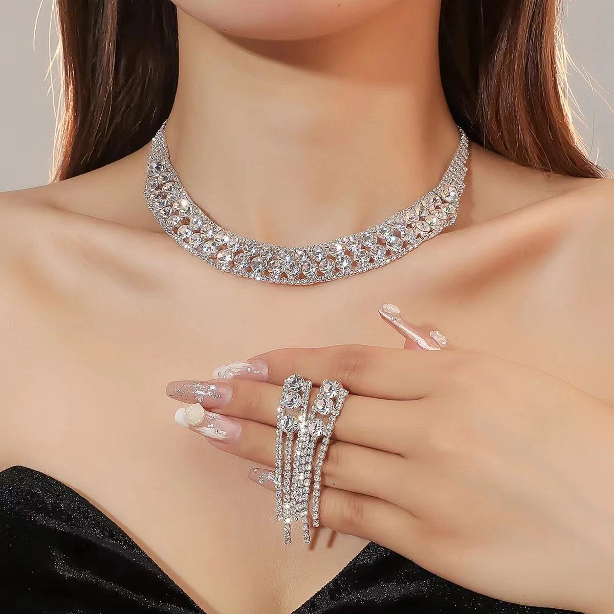 TREAZY Luxurious Rhinestone Crystal Wedding Jewelry Sets for Women Statement Choker Necklace Earrings Bridal Jewelry Accessories