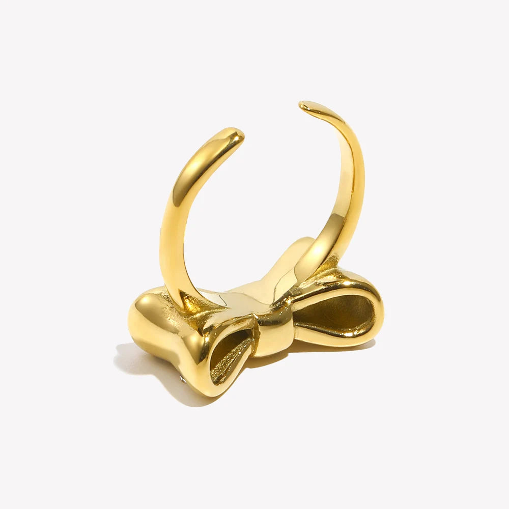 E.B.belle Micro Inlaid Bow Open Ring Waterproof Silver Color 316L Stainless Steel Decoration 18K Gold Plated Jewelry