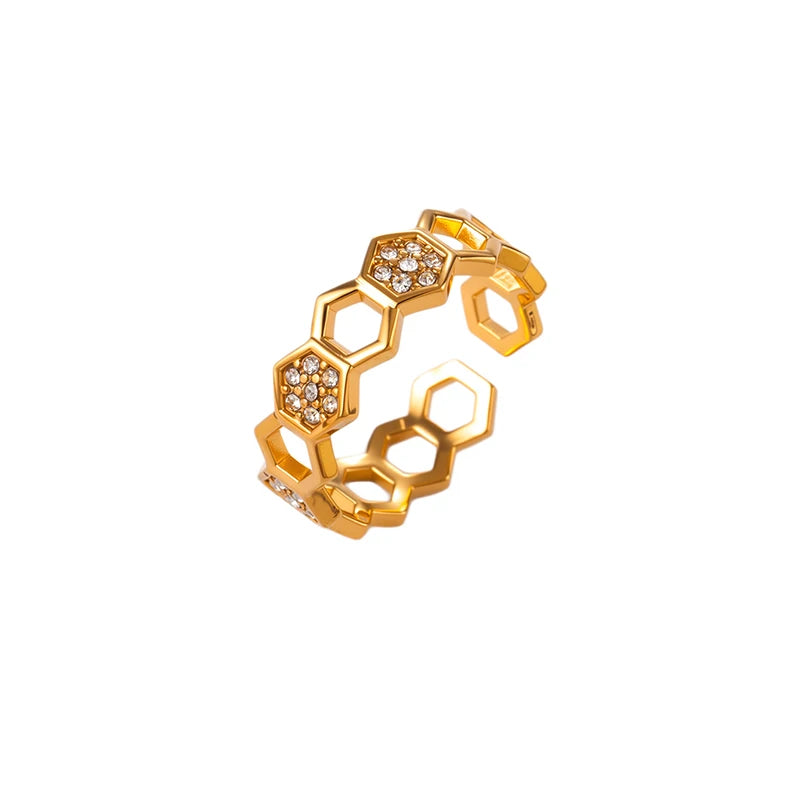 ANENJERY 316L Stainless Steel Hollow Round Hexagon Zircon Open Ring For Women Simple Luxury Temperament Jewelry Gifts