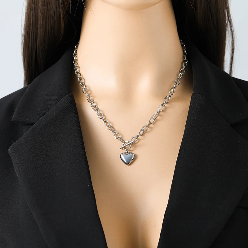 EILIECK 316L Stainless Steel Silver Color Heart Love Necklace Bracelets Set For Women Trendy OT Buckle Waterproof Jewelry Set