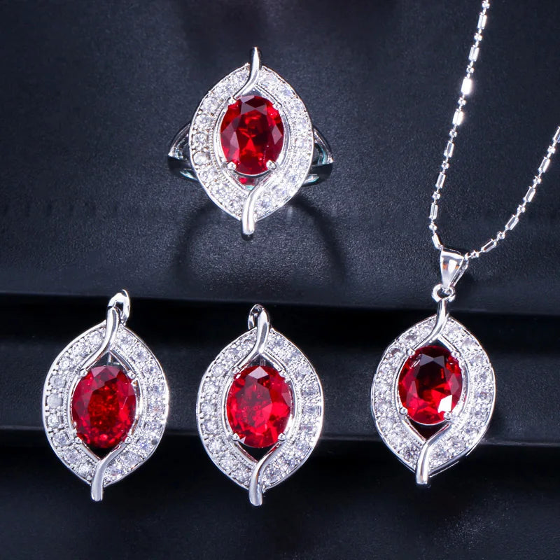 ThreeGraces 3pcs New Trendy Shiny Red Cubic Zirconia Fashion Earrings Necklace Ring Bridal Party Jewelry Set for Women JS707