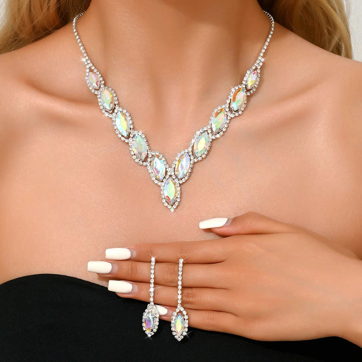 Advanced Versatile Crystal Necklace Earrings Two Piece Set Bridal Wedding Party Vacation Travel Versatile Accessories