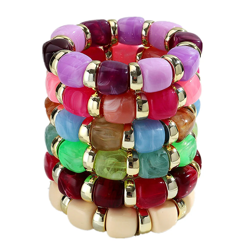 Trendy Acrylic Colorful Square Beads Elastic Bracelets Elegant Resin Geometric Stackable Bangles Bracelet Women's Jewelry Gifts