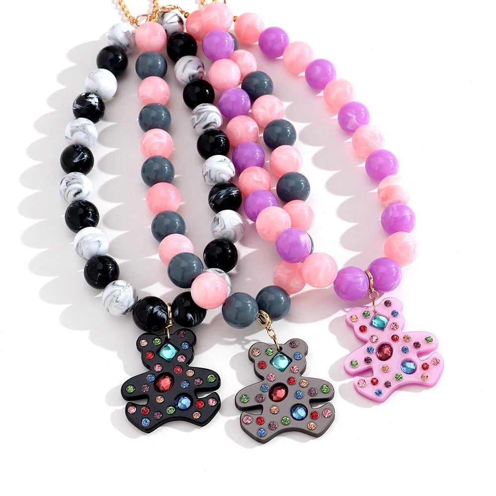 Fashion Acrylic Big Round Beads Bear Pendant Necklace for Women Colorful Geometric Beaded Choker Necklace Party Jewelry Gift