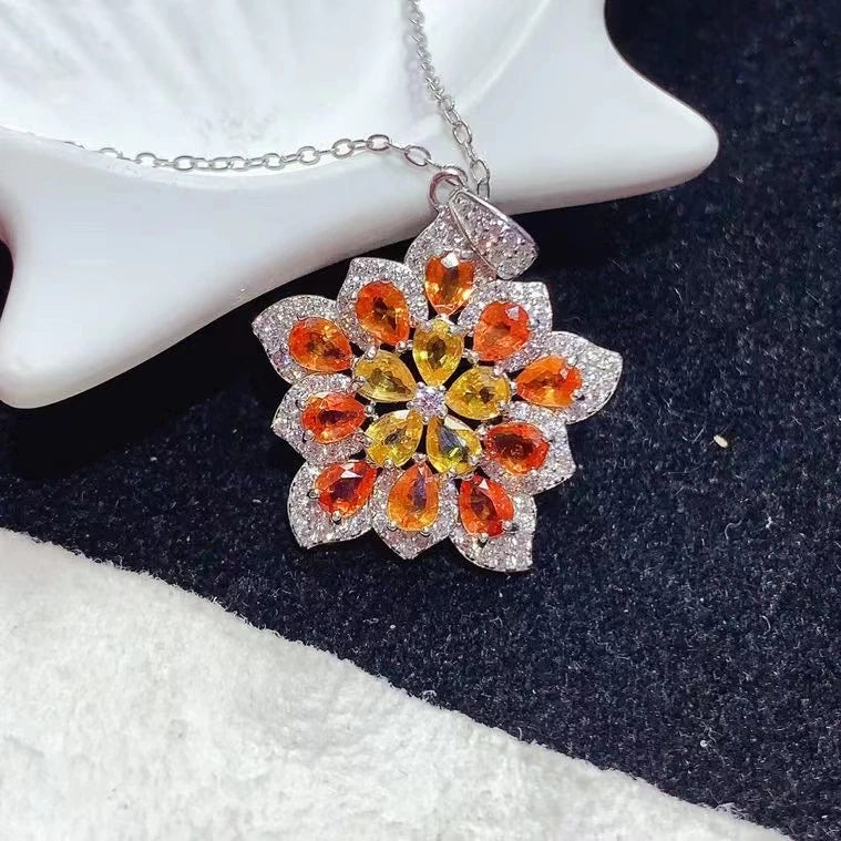 Adorable Natural Yellow Sapphire and Fanta Pendant 925 Silver Gemstone Necklace Pendant with 18K Gold Plated Silver Necklace