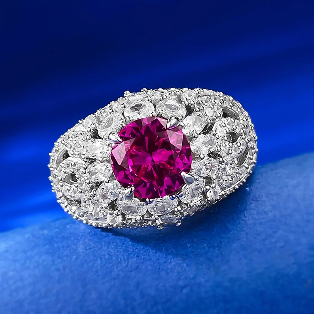 Vintage 100% 925 Sterling Silver 8mm Rose Red Ruby Rings for Women Gemstone Wedding Cocktail Party Fine Jewelry Anniversary Gift