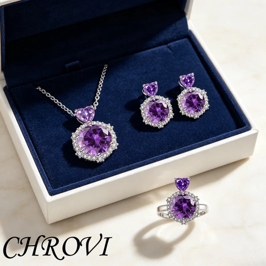 Luxury-Style 925 Sterling Silver New Color-Brightened Luxury Ring, Earrings, Necklace Women's Set