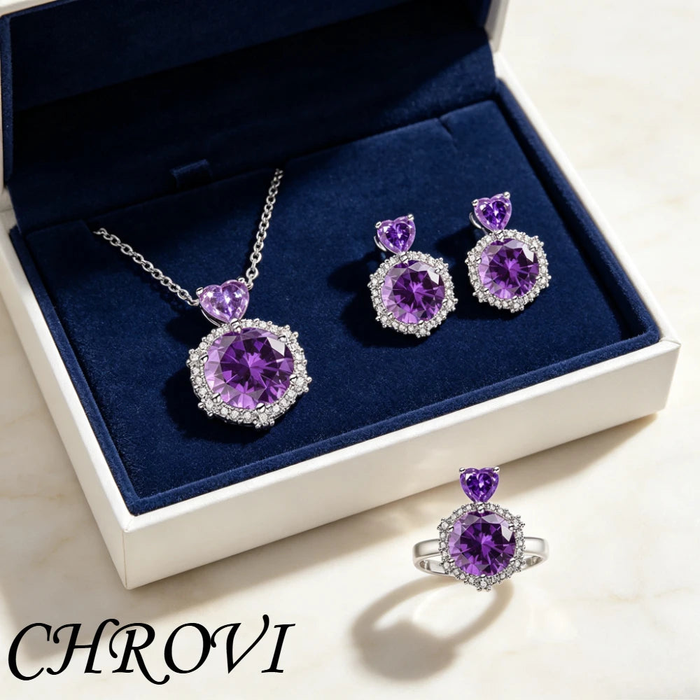 Luxury-Style 925 Sterling Silver New Color-Brightened Luxury Ring, Earrings, Necklace Women's Set