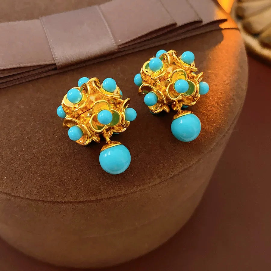 Dual-style Cubic Resin Flower Hollow Out Stud Earrings for Lady Retro Double Balls Ear Studs Statement Party Jewelry N1