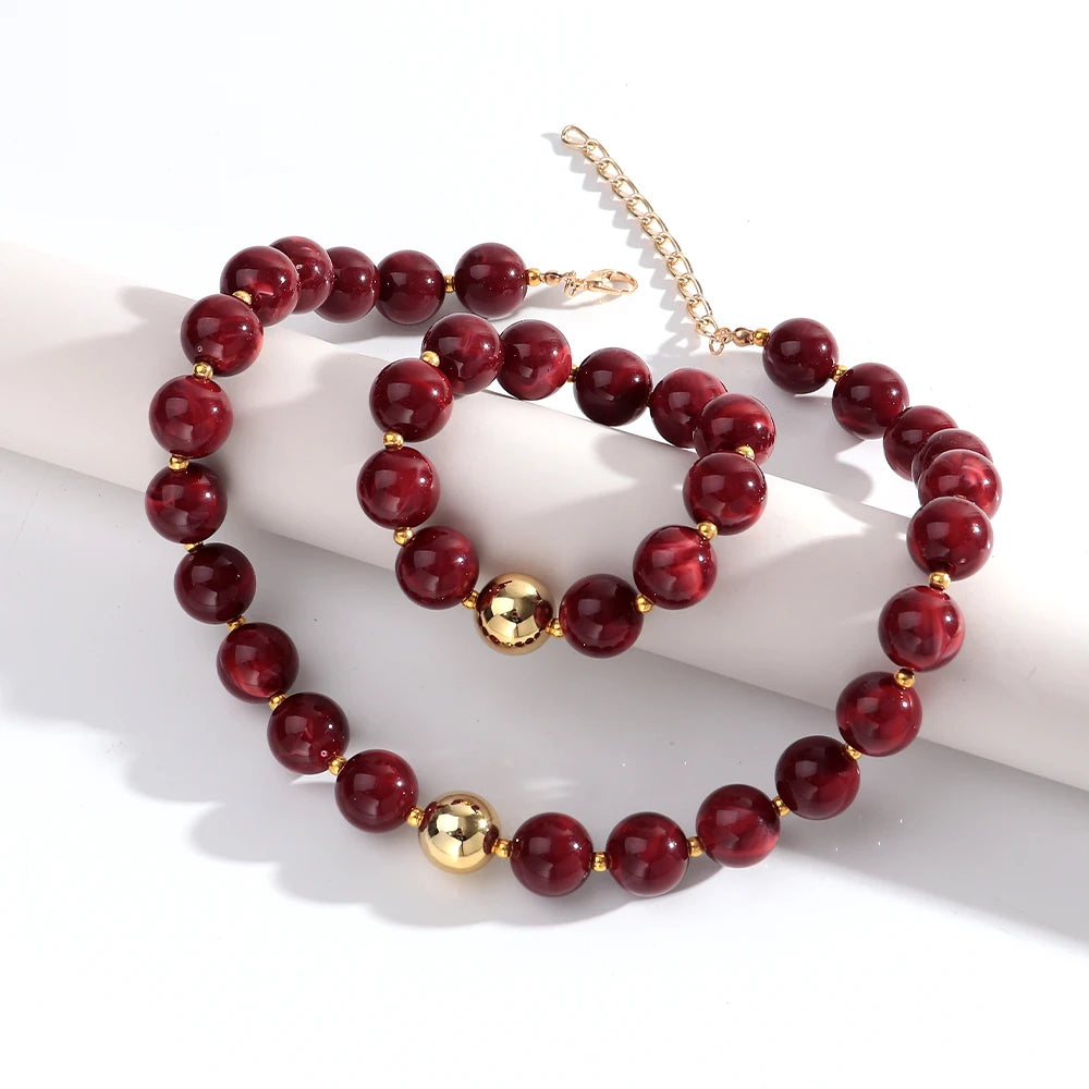 Trendy Acrylic Multicolor Round Beads Necklace Bracelet Set Resin Geometric Beaded Choker Necklaces 2026 Fashion Jewelry