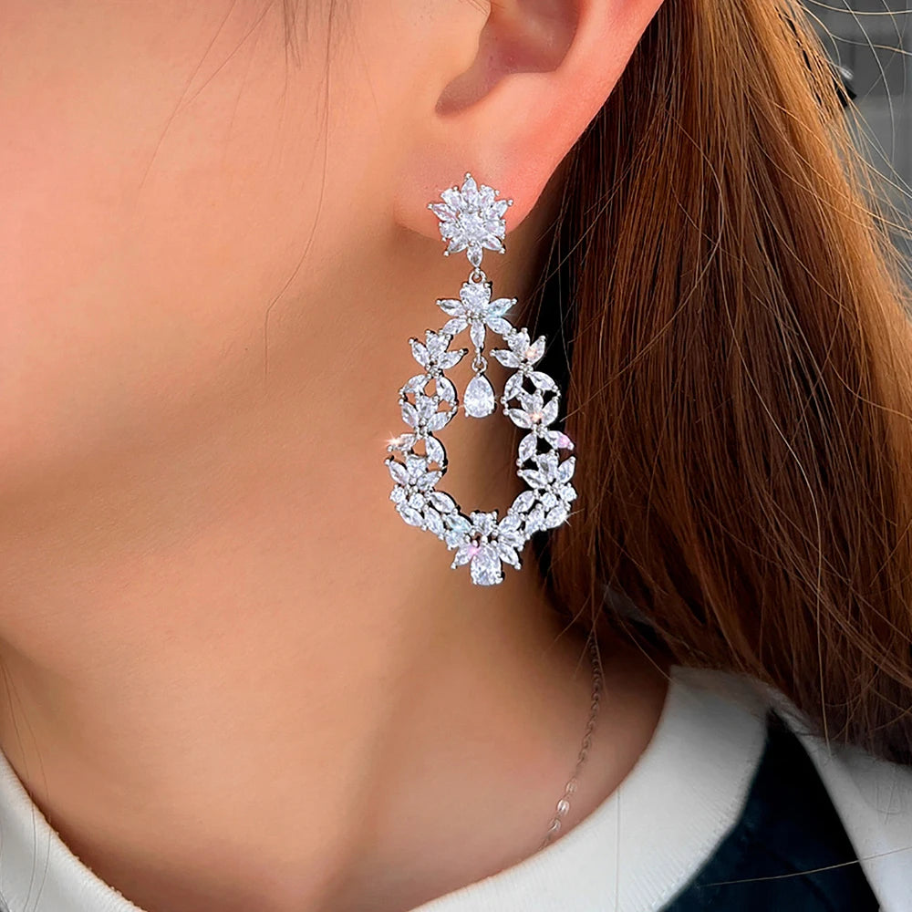 ThreeGraces Shining White Cubic Zirconia Big Long Flower Dangle Bridal Earrings for Women Fashion Wedding Party Jewelry E2018