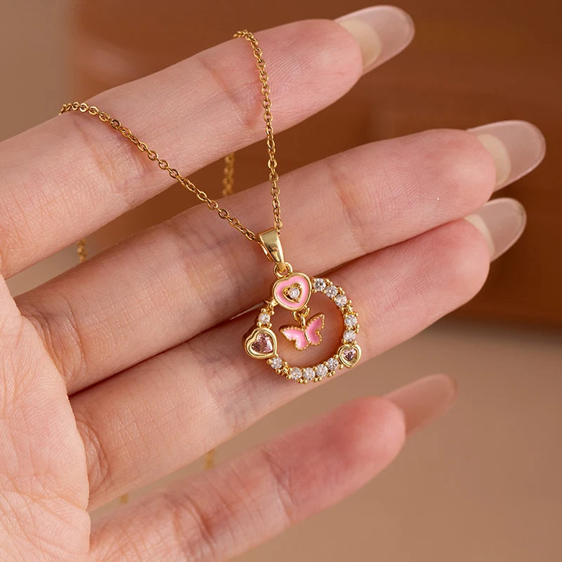 ANENJERY 316L Stainless Steel Flower Butterfly Shell Pendant Necklace For Women Delicate Elegant Fashion Jewelry Gifts Wholesale