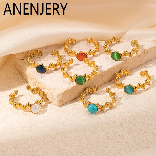 ANENJERY 316L Stainless Steel Colorful Stone Dot Stitching Open Ring for Women Men Simple Vintage Jewelry Gifts Daily Wholesale