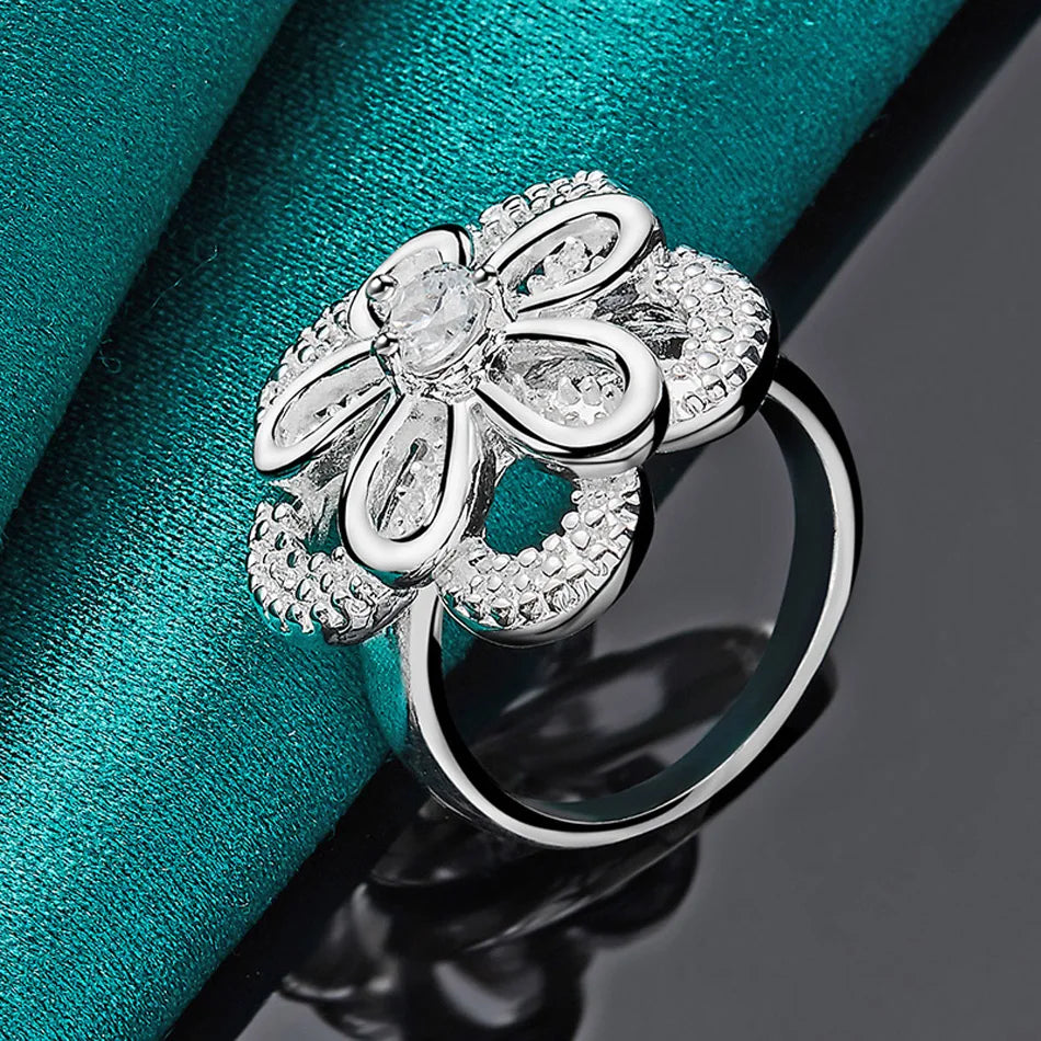 URMYLADY 925 Sterling Silver Double Flower Zircon 7-10# Ring For Women Wedding Engagement Party Fashion Jewelry