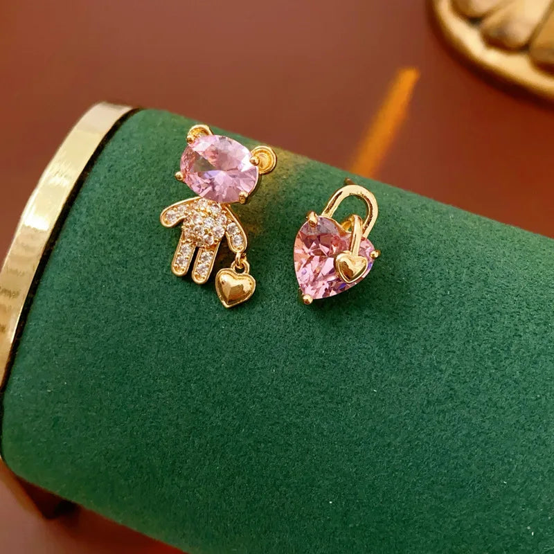 925 Silver Needle Zircon Bear Love Earrings for Women High-end Asymmetric Stud Earring Fashionable Versatile Sweet Jewelry