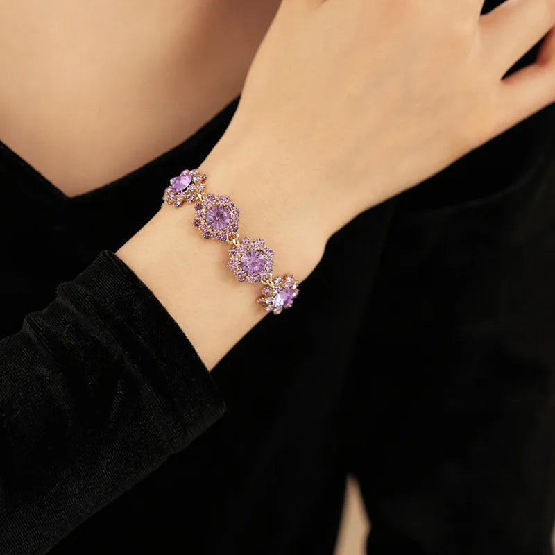 Vintage Amethyst Round Flower Cluster Necklace Bracelet Earring Jewelry Set Antique Silver Luxury Women Bridal Wedding Jewelry N