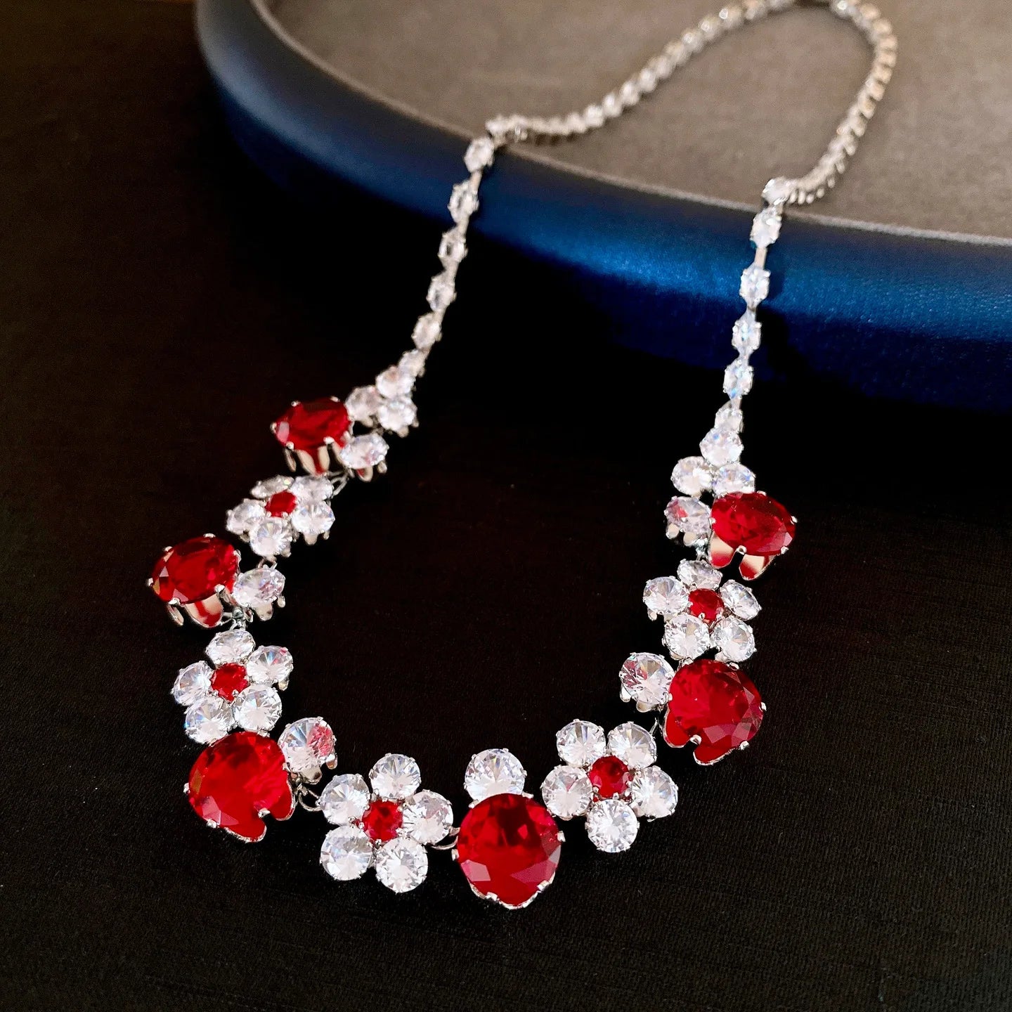 2 Pcs Reteo Flower Rhinestones Chokers Necklaces for Gathering Bling Color-block Dangle Earrings Banquet Anniversary Set H