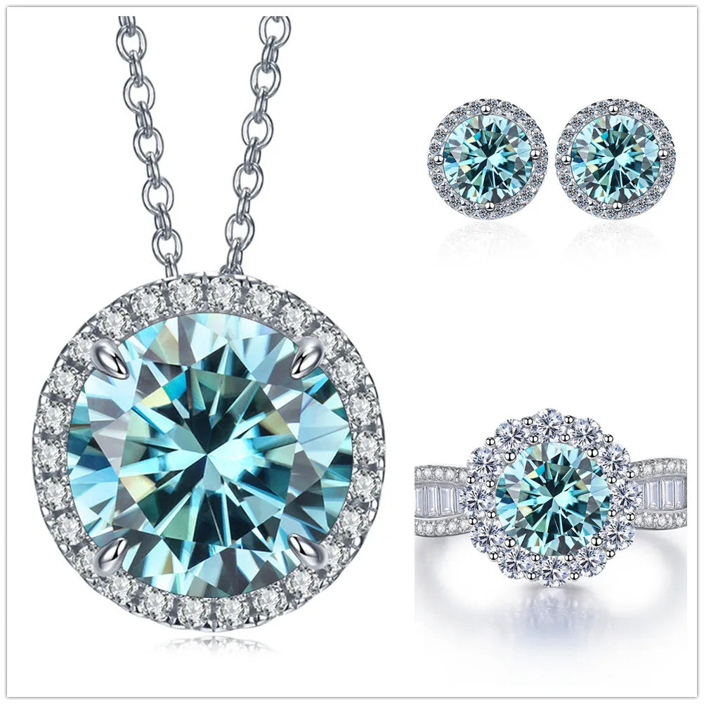 Total 9 Carat Moissanite Jewelry Set 925 Sterling Silver Ring Earrings Necklace Jewelry Pass Diamond Test with Black Card Gift