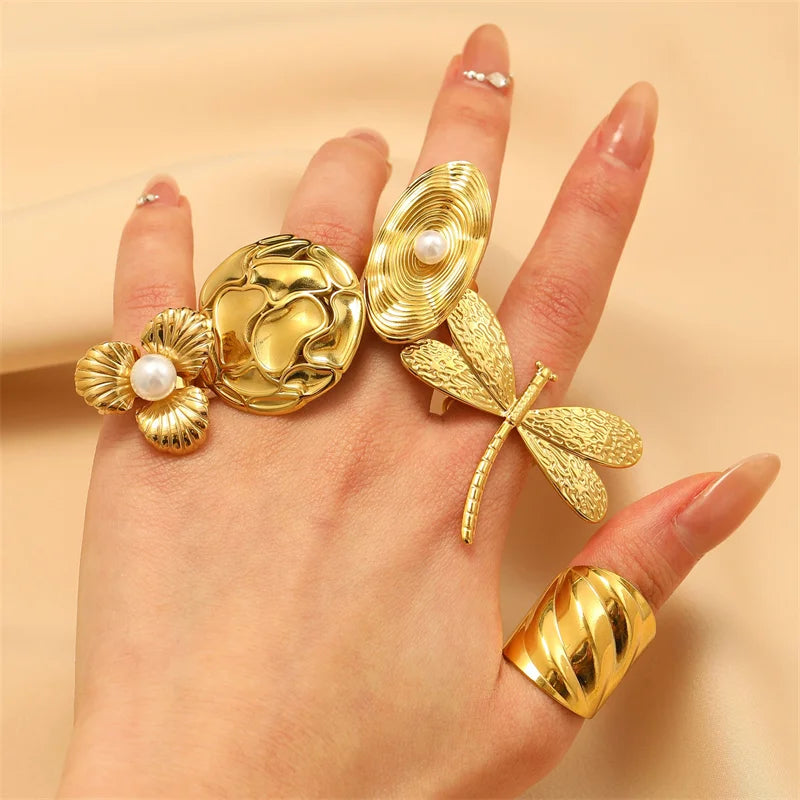 EILIECK  316L Stainless Steel New Design Dragonfly Ring Jewelry Women 18 K Plated Metal Texture Gold Color Ring Accessories
