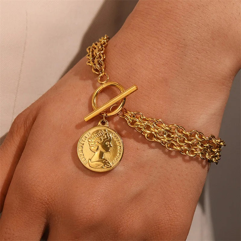 EILIECK 316L Stainless Steel Gold Color Portrait Coin Charm Bracelet Trendy Wrist Chain Jewelry For Women Girl Holiday Gifts