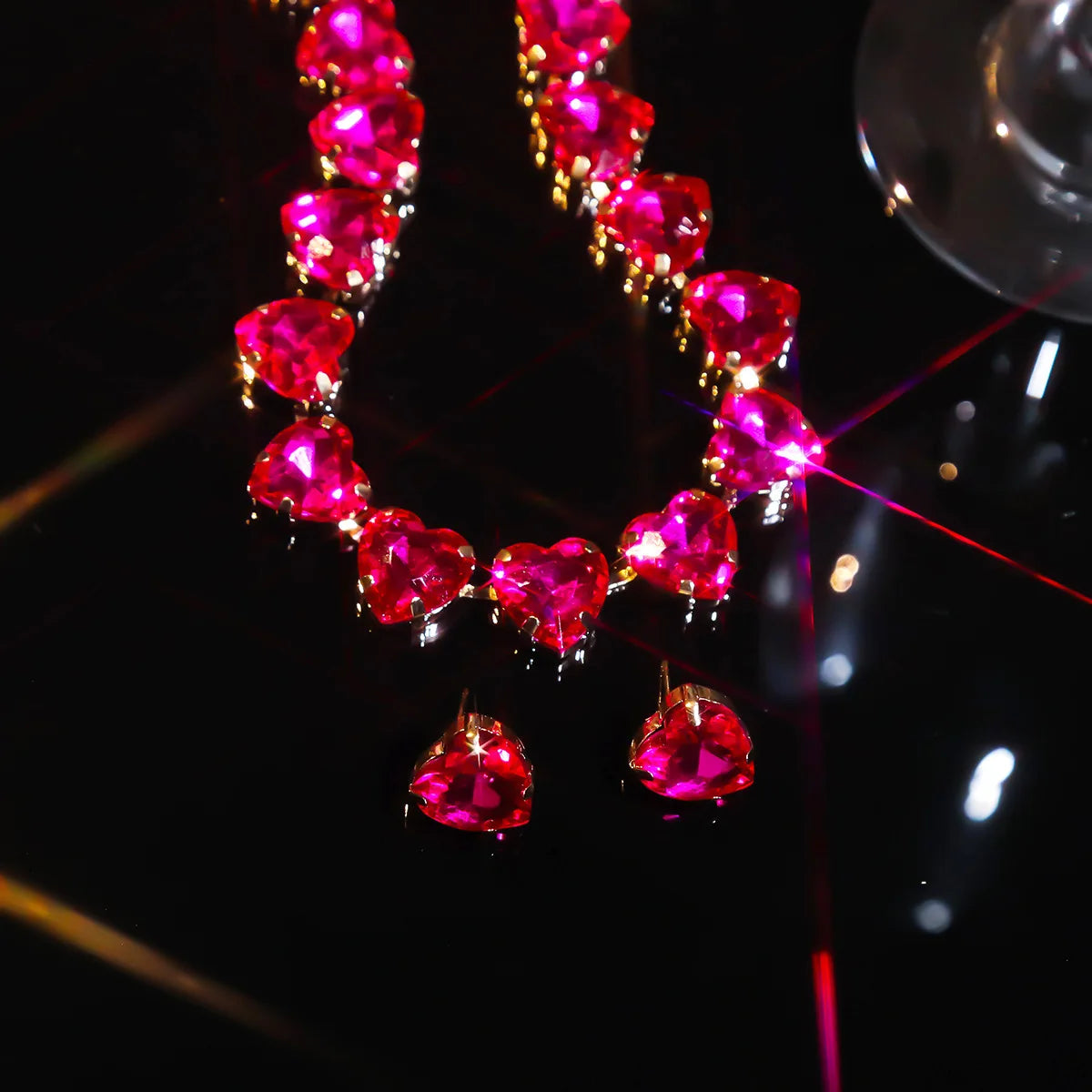 FYUAN Sweet Rose Red Heart Pendant Necklace For Women Crystal Earrings Weddings Banquet Jewelry Sets