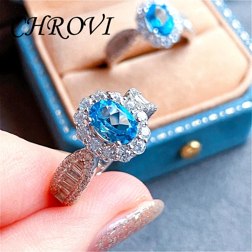 Fashion 925 sterling silver sky blue topaz full diamond minimalist style open ring for women - finger ring