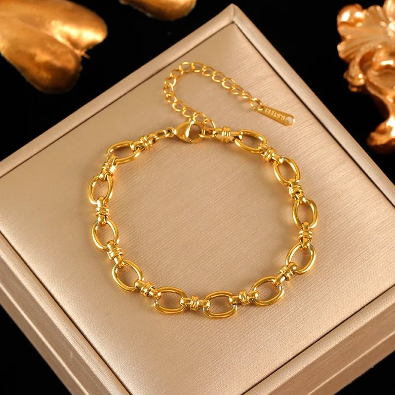 EILIECK 316L Stainless Steel Gold Color Chain Statement Necklace Bracelet For Women Charm Simple Jewelry Bijoux Jewelry Set Gift