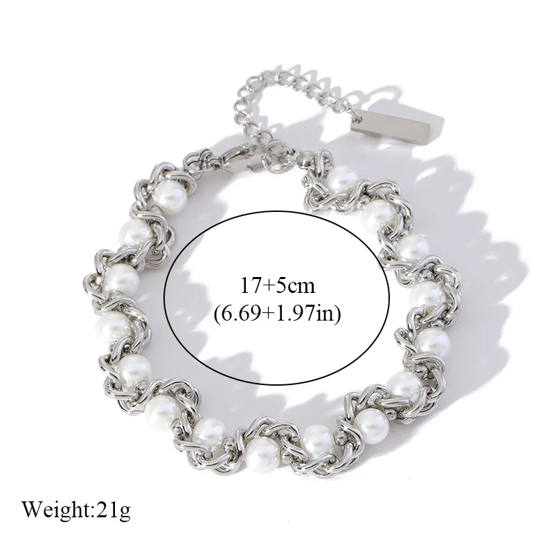 EILIECK 316L Stainless Steel Pearl Chain Necklace Bracelet Set For Women Fashion Waterproof Silver Color Jewelry Set Gift Party