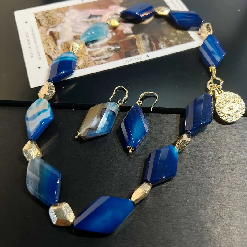 NISHIZAWA 2 Pieces Jewelry Sets Blue Agates Irregular Geometric Vintage Jewelry Palace Style Elegant Fashion Pendientes Mujer