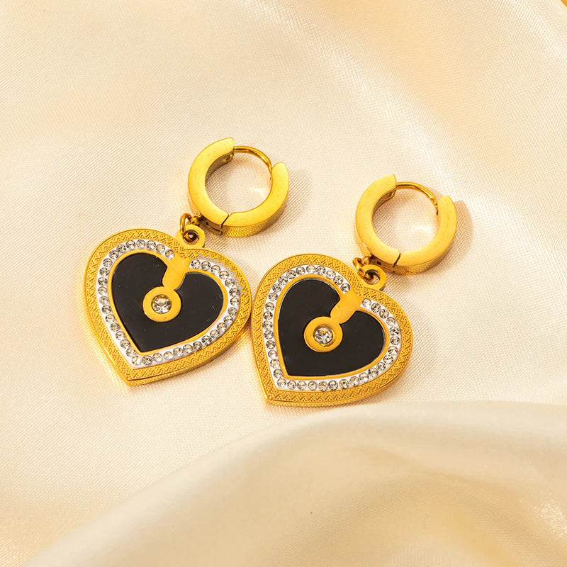 ANENJERY 316L Stainless Steel Double sided Heart Shiny Zircon Necklace Earrings For Women Niche Vintage Jewelry Gifts Wholesale