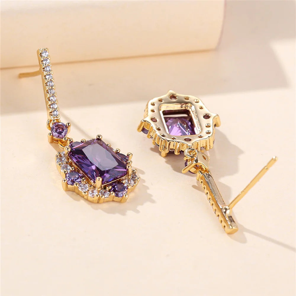 Luxury Female Purple Red Square Zircon Stone Drop Dangle Earrings Unique Gold Color Evening Jewelry For Women