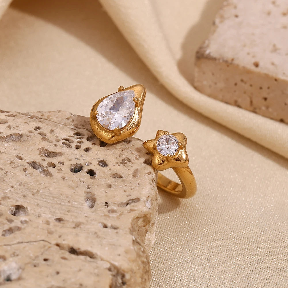 E.B.belle Asymmetric Opening Water Droplets Stars Zircon Ring 18K Gold Plated Women's Rings 316L Stainless Steel Accessories