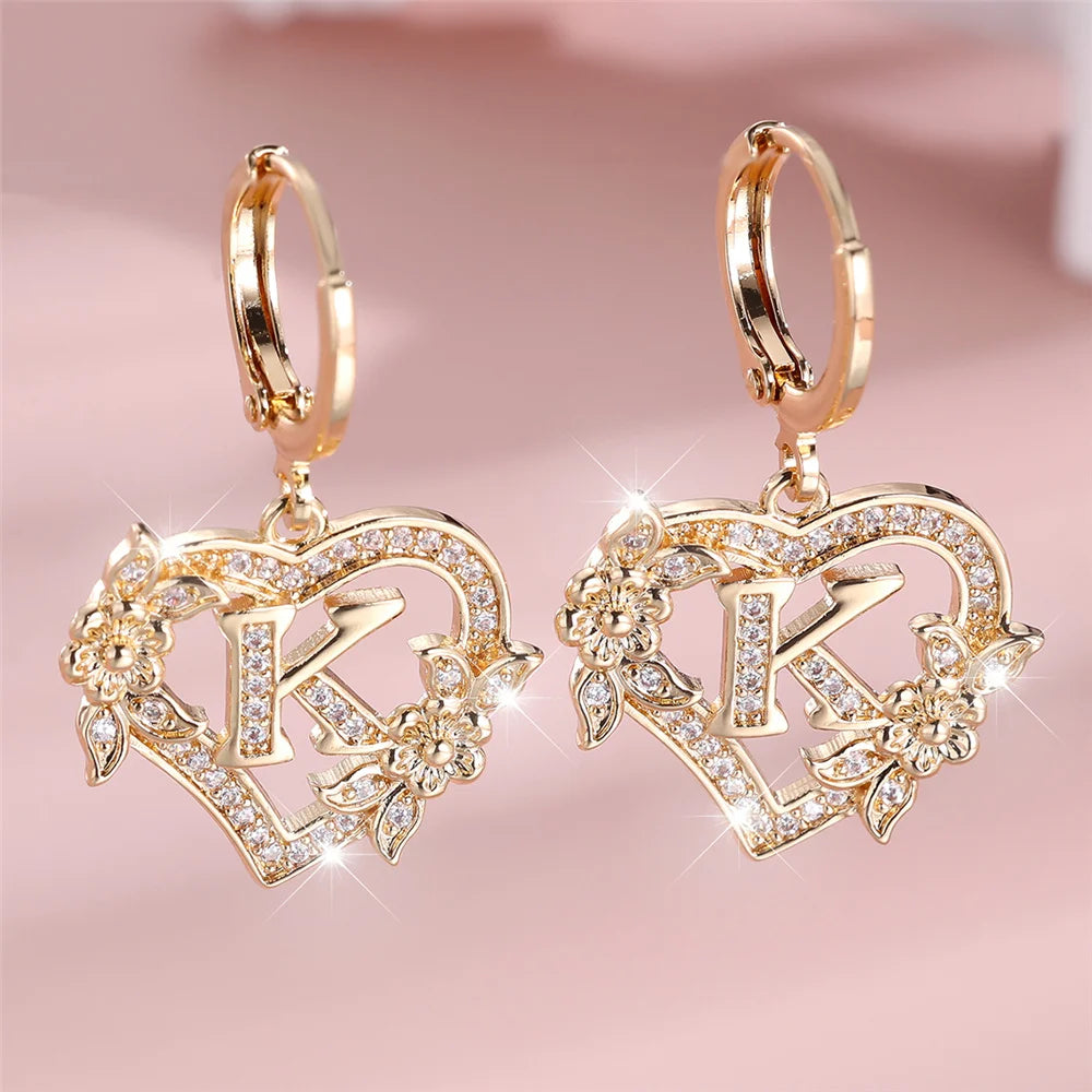 Female A-Z 26 Letter Heart Flower Hoop Earrings Yellow Gold Color White Zircon Wedding Jewelry For Women