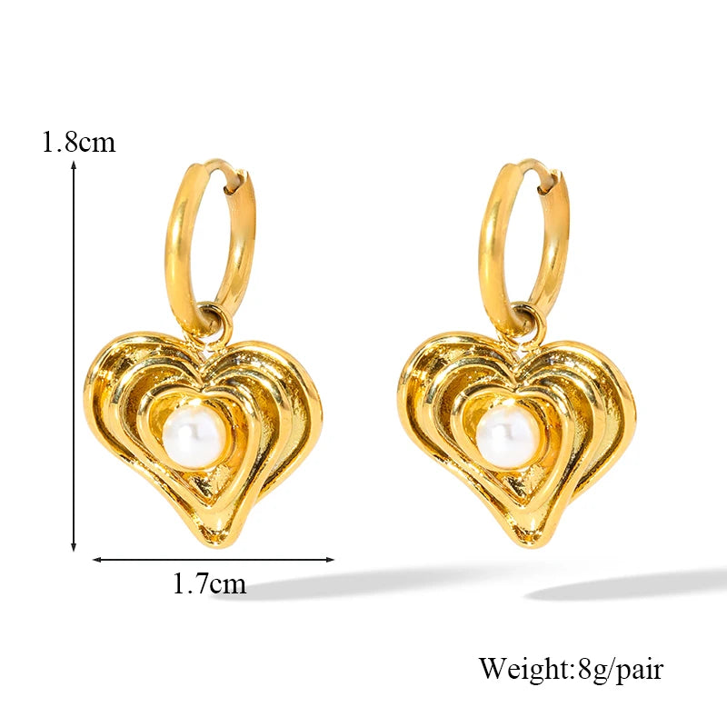 EILIECK New Fashion Stainless Steel Metal Heart Pearl Necklace Earrings For Women Trendy Gold Color Waterproof Jewelry Set Gift