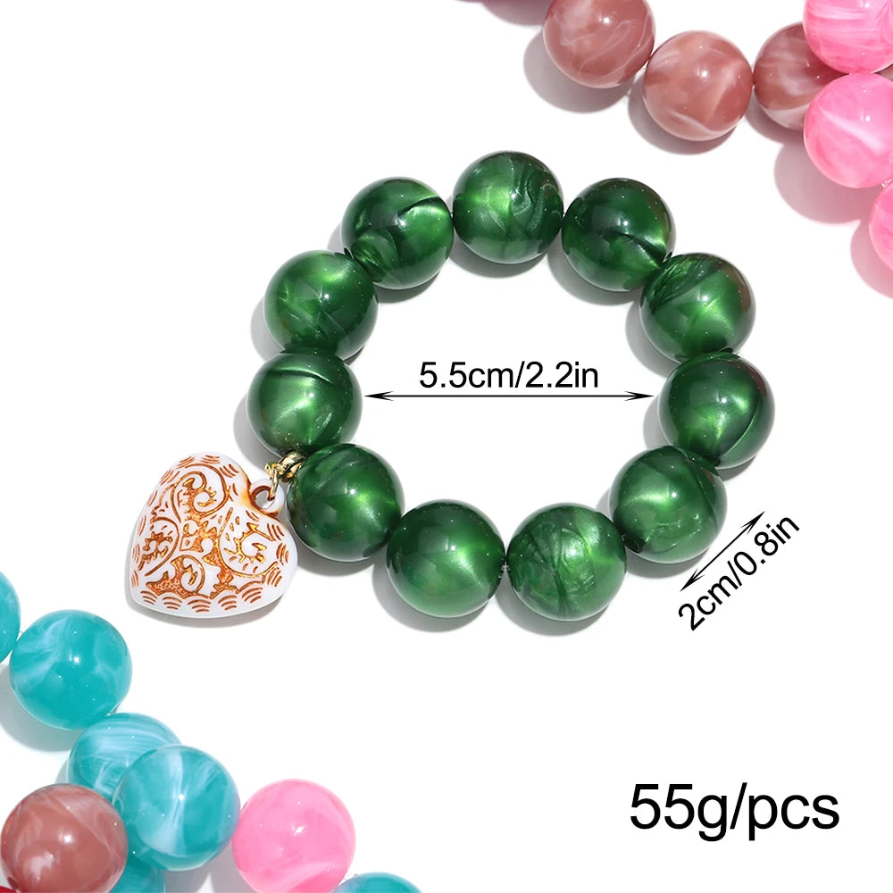 Boho Colorful Round Beads Heart Pendant Elastic Bracelets Fashion Geometric Beaded Bangle Bracelet Women Jewelry Gifts