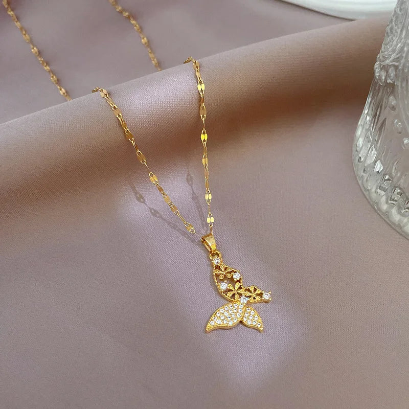 EILIECK 316L Stainless Steel Shine Cubic Zircon Butterfly Pendant Necklace Gold Color Texture Metal Personalized Chain Jewelry