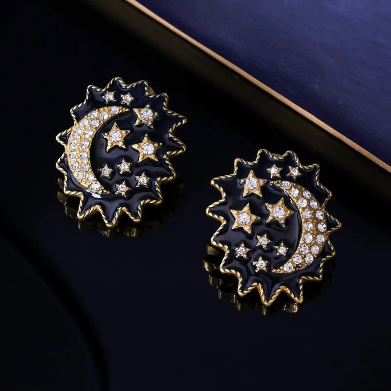 NISHIZAWA Stars Moon Earrings for Women Vintage Court Style Elegant Fashion Jewelry Rhinestones Black Aretes De Mujer