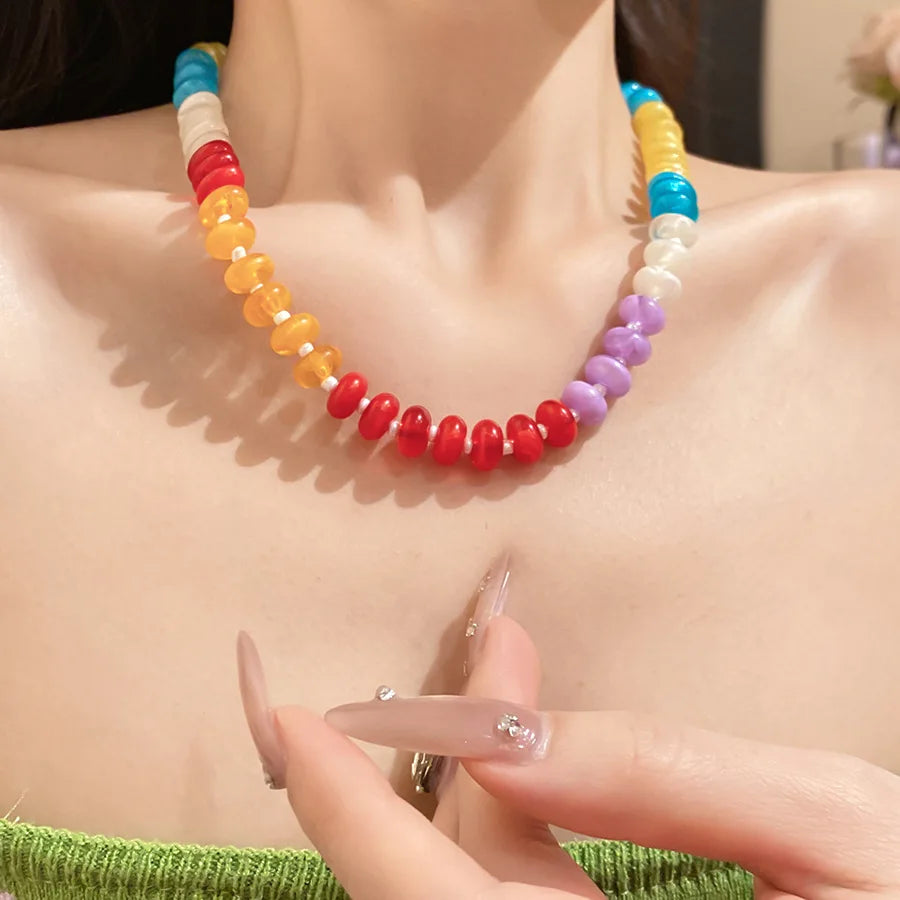 European American Jewelry Rainbow Acrylic Beaded Clavicle Chain Dopamine Sweet Irregular Necklace for Women