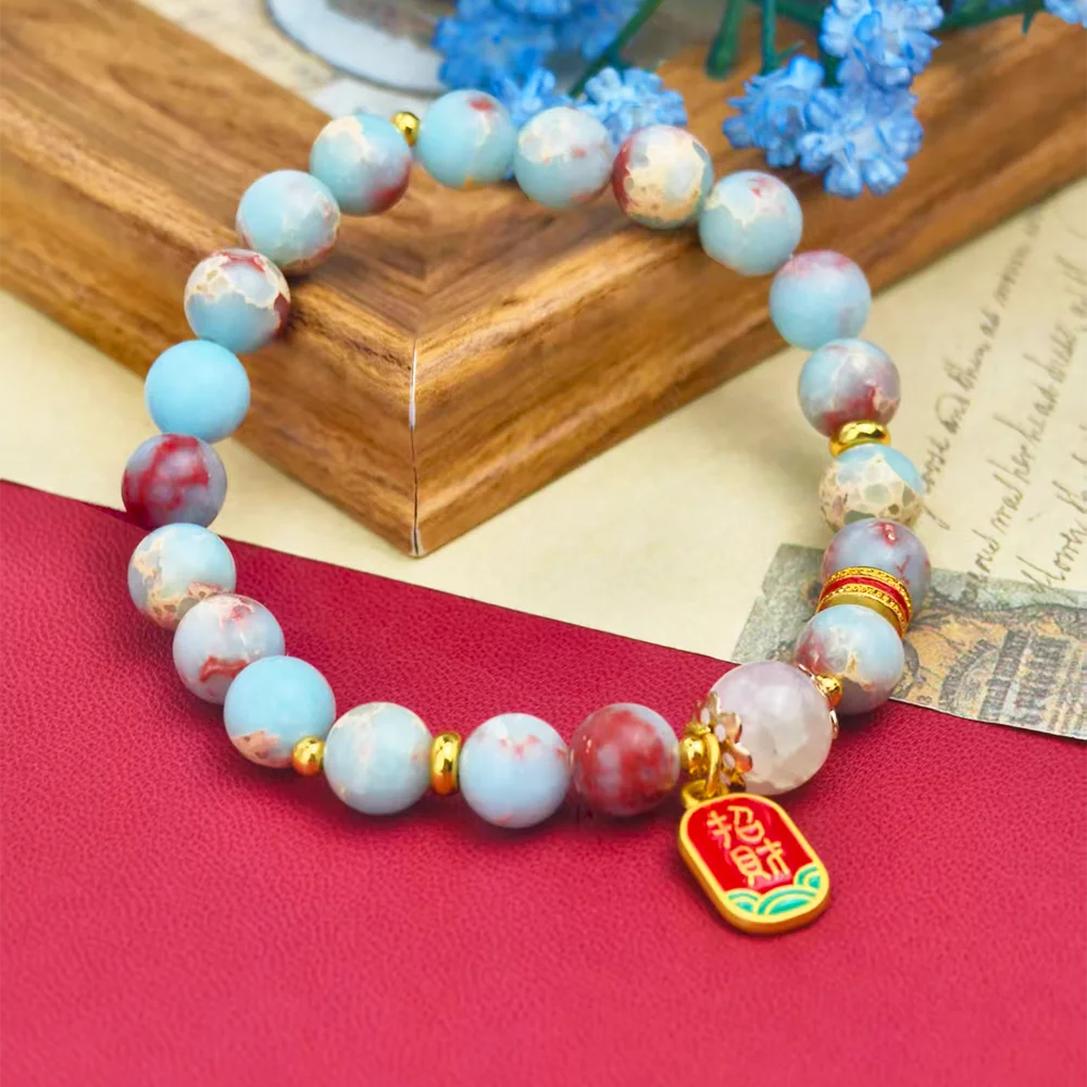 NEW Natural Blue Red Stone Beaded Bracelet for Women Golden Lucky Wealth Pendant Chinese Boho Bracelet Daily Wear Jewelry Gift
