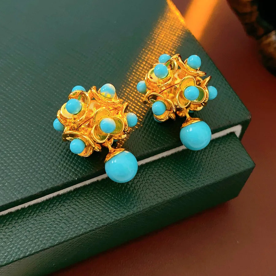 Dual-style Cubic Resin Flower Hollow Out Stud Earrings for Lady Retro Double Balls Ear Studs Statement Party Jewelry N1
