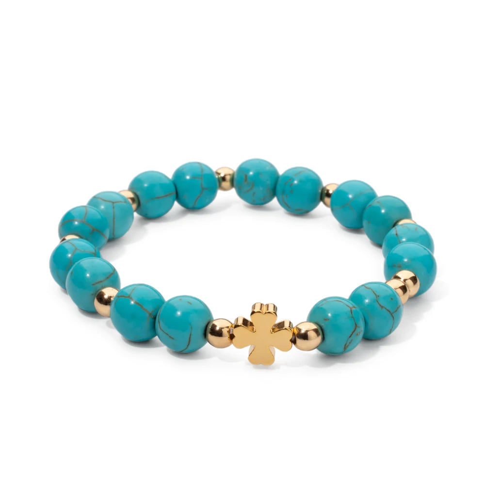 New 8MM Natural Stone Girl Bracelets Colorful Round Beads Alloy Gold Color Cross Women Bangle Fashion Jewelry Accessories 2024
